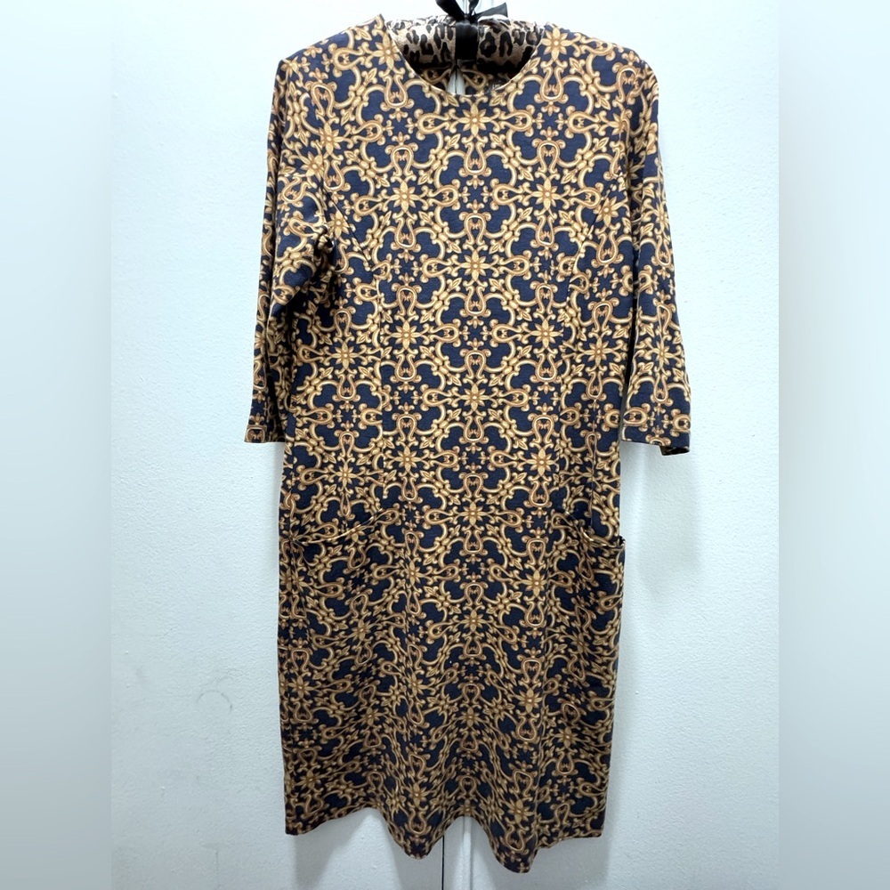 J. McLaughlin M Navy Blue Gold Pattern Sheath Dress Career 3/4 Sleeve Classic